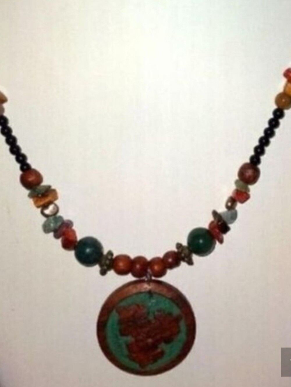 Boho Multicolor Beaded Necklace with floral carved Turquoise & dark wood Pendant